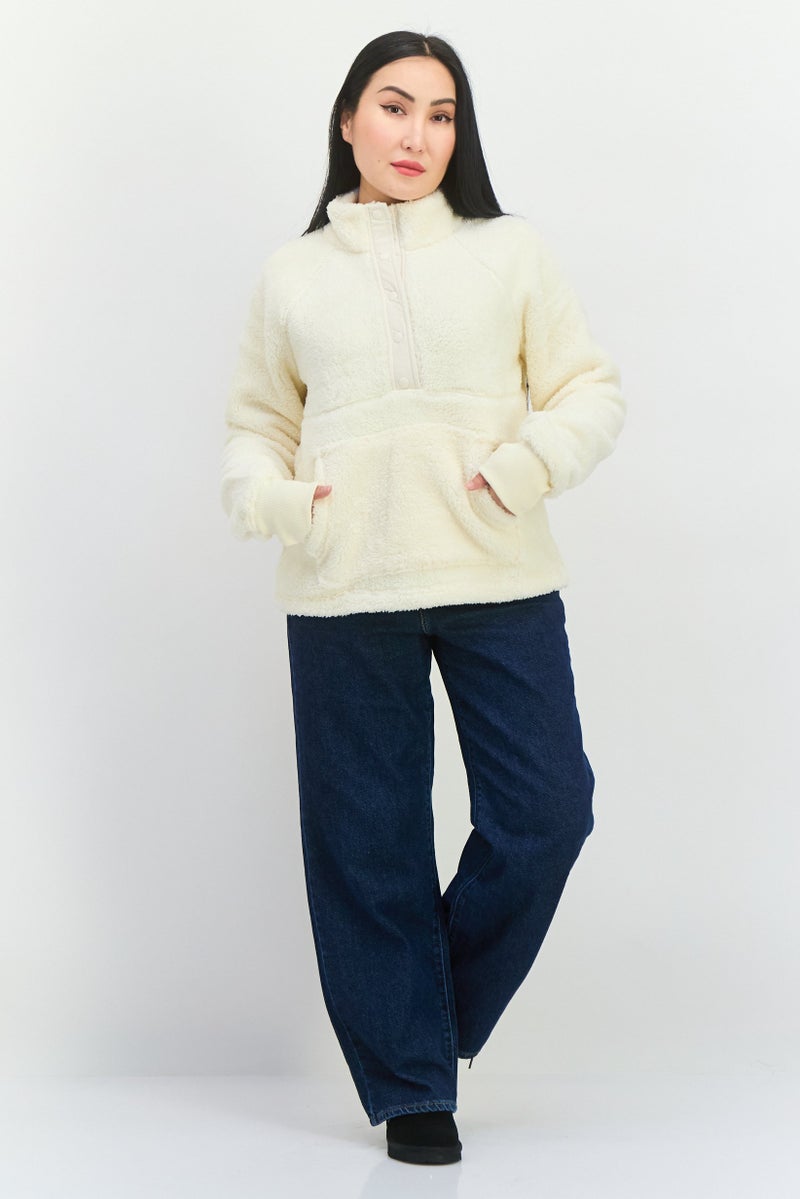 Bearpaw Women High Neck Long Sleeves Faux Fur Sweatshirt, Cream - Image 2